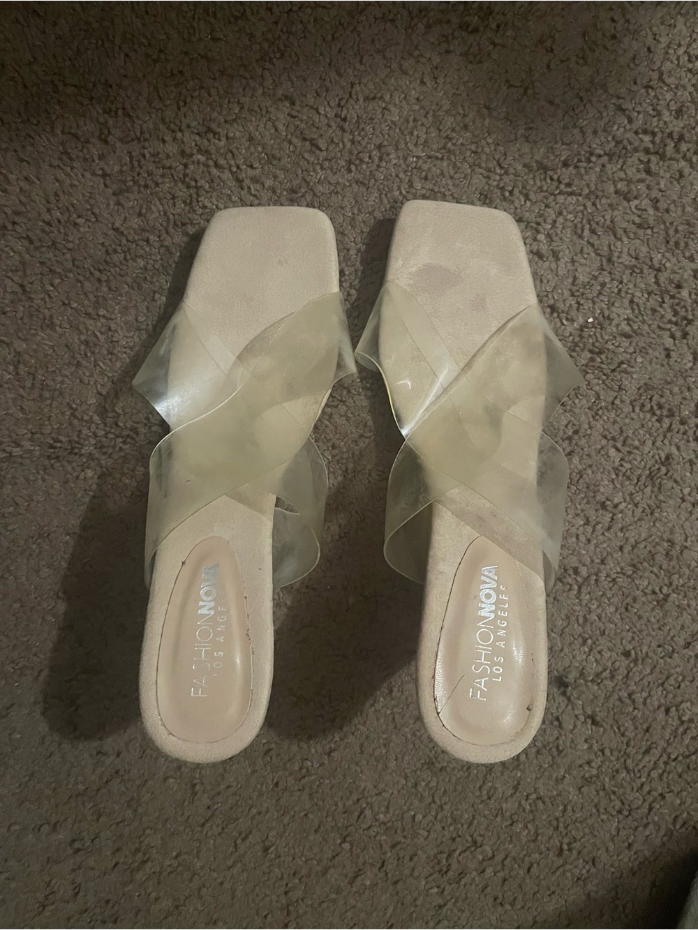 Fashion Nova Clear Crossover Strap Slide Sandals in Nude